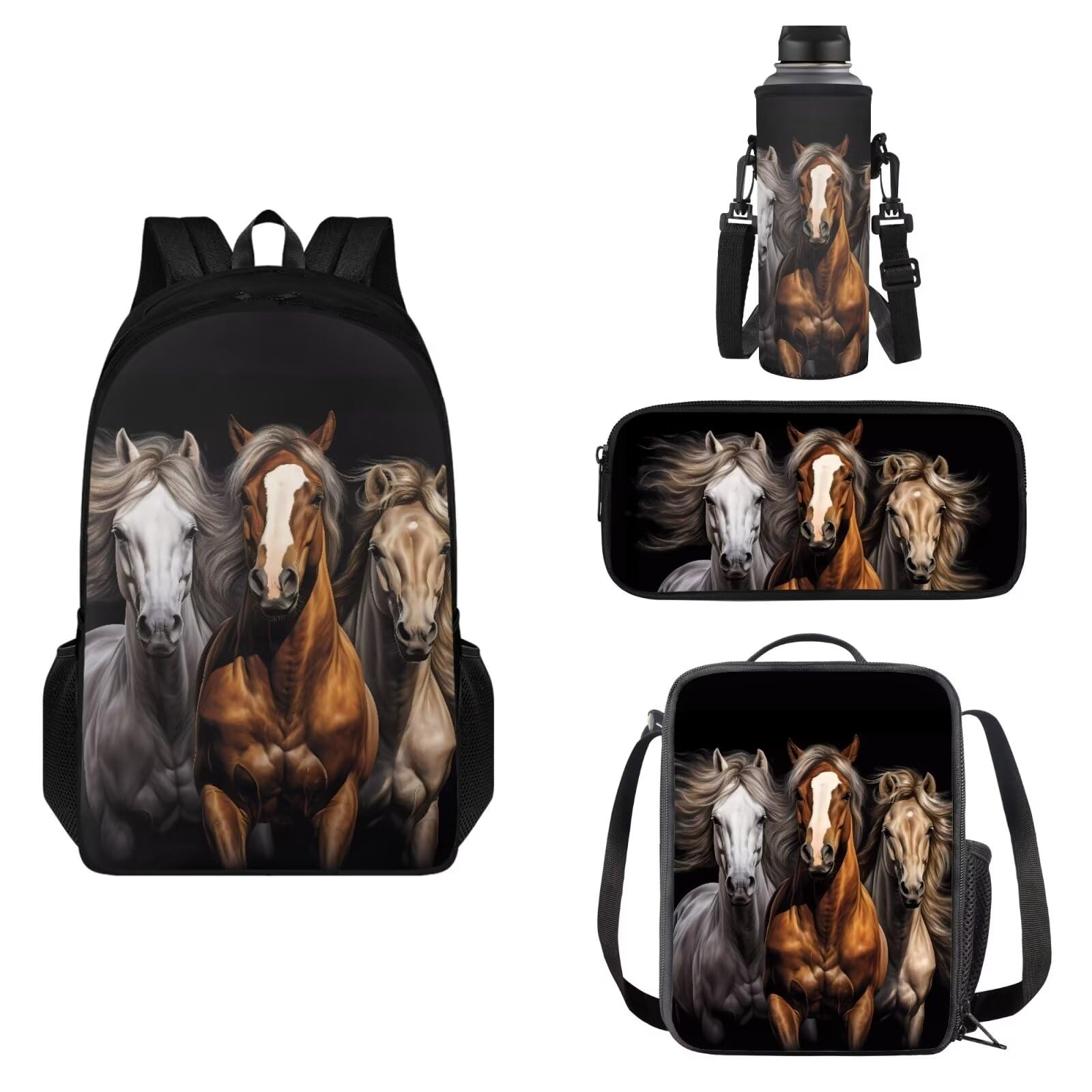 COEQINE Juego de 4 mochilas con temática de caballos para niños, adolescentes, niñas, lonchera, estuche para lápices, botella de agua grande, Caballos negros
