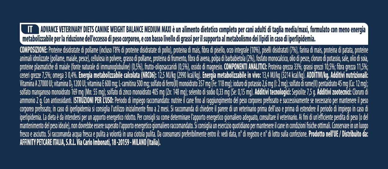Advance Veterinary Diets Weight Balance Medium-Maxi Cibo per Cani 12kg