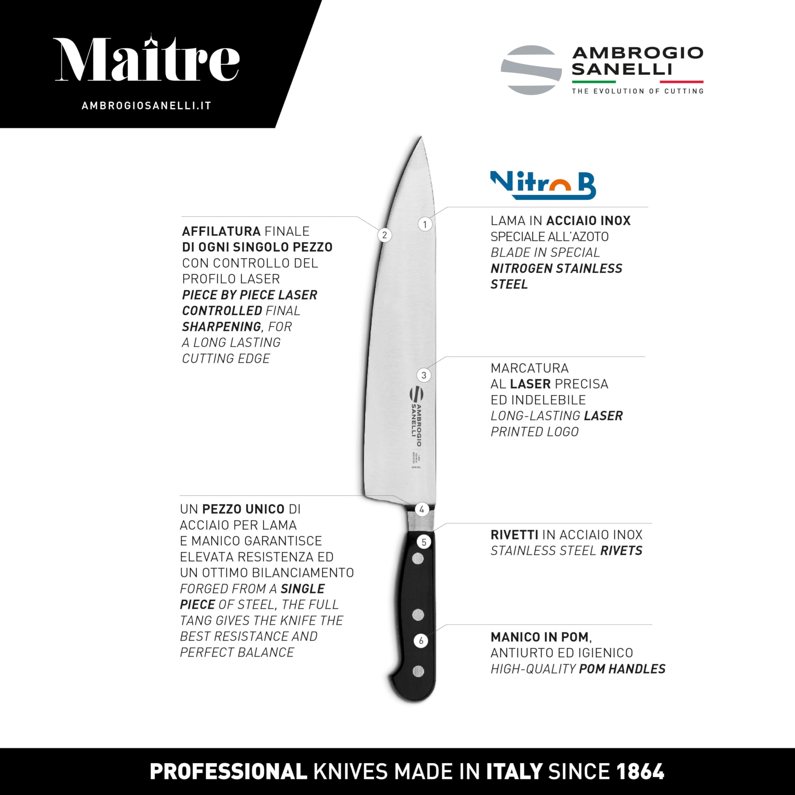 Ambrogio Sanelli, Maitre Coltello da Cucina Trinciante, Coltello Chef con Lama in Acciaio Inox all'Azoto 24 cm e Manico Ergonomico, Coltelli da Cucina Professionali, Made in Italy