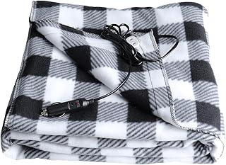 Electric Car Blanket- Heated 59 x 40inch 12 Volt Fleece Travel Throw for Car and RV-Great for Cold Weather, Tailgating, and Emergency Kits Black/White