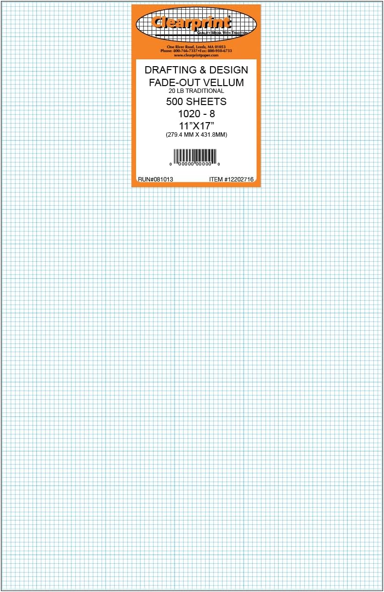 Clearprint 1020H Vellum Sheets with 8x8 Fade-Out Grid, 11" x 17", 20 lb., 100% Cotton, Translucent White, 500 Sheets Per Pack, 1 Pack