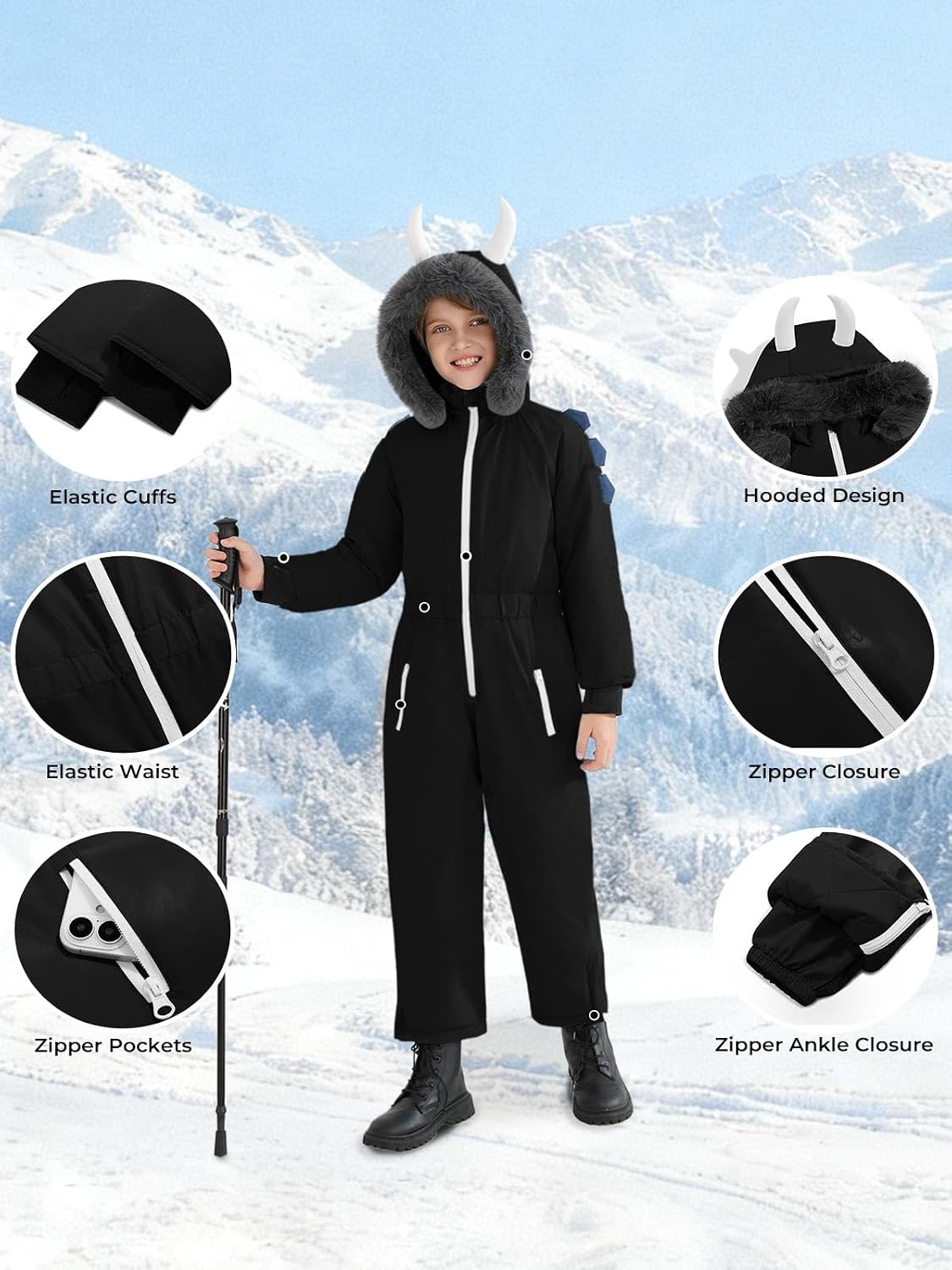 Haloumoning Boys One Piece Dinosaur Snowsuits Kids Hooded Waterproof Winter Outdoor Overalls Snowboarding Ski Suits 5-14Y