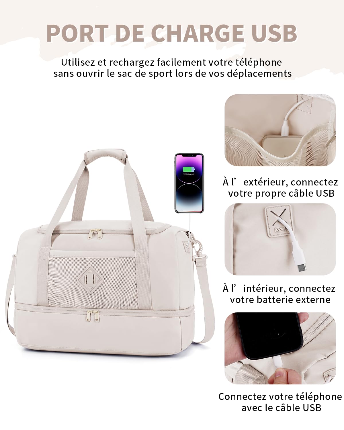 WANDF Sac de Voyage pour Femme - Bagage Cabine 45x36x20 cm pour Easyjet, Sac de Sport Weekender avec Compartiment à Chaussures & Poche Humide, Sac Duffle pour Femme et Homme (Beige)