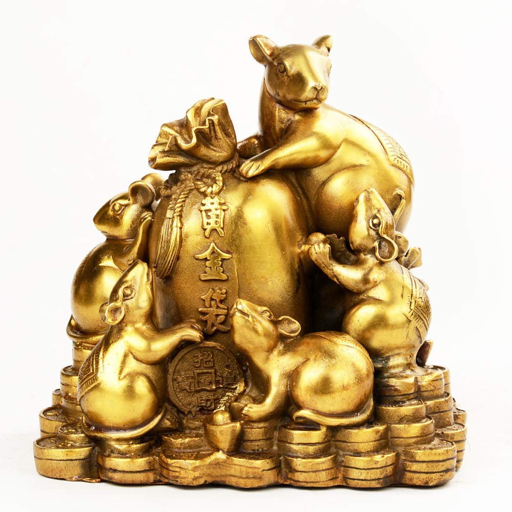 YNIYUJKL Feng Shui Wealth Statue Ornament Brass Five Rats Fortune Figurine Sculpture Gift Decor, Attracting Wealth And Good Luck,Brass
