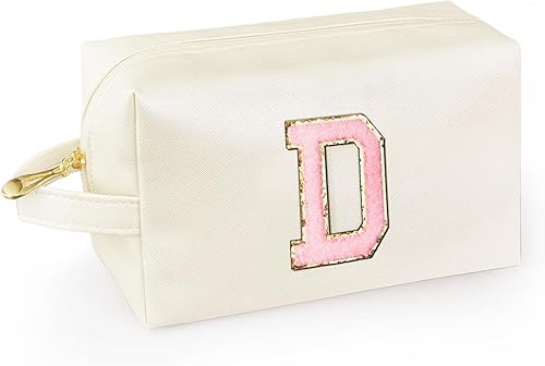 Vista 13 de Bolsa de maquillaje personalizada con inicial y asa, bolsa de cosméticos estilo preppy con bolsillo interior con cremallera, para niñas de 8 a 14