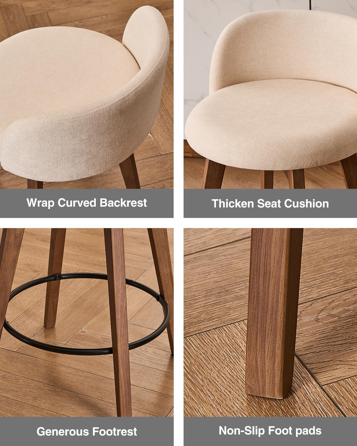 26" Swivel Bar Stools Set of 2, Farmhouse Upholstered Bar Chairs with Curved Back and Wood Legs, Chenille Fabric Counter Height Island Chairs for Kitchen Island, Brown/Beige