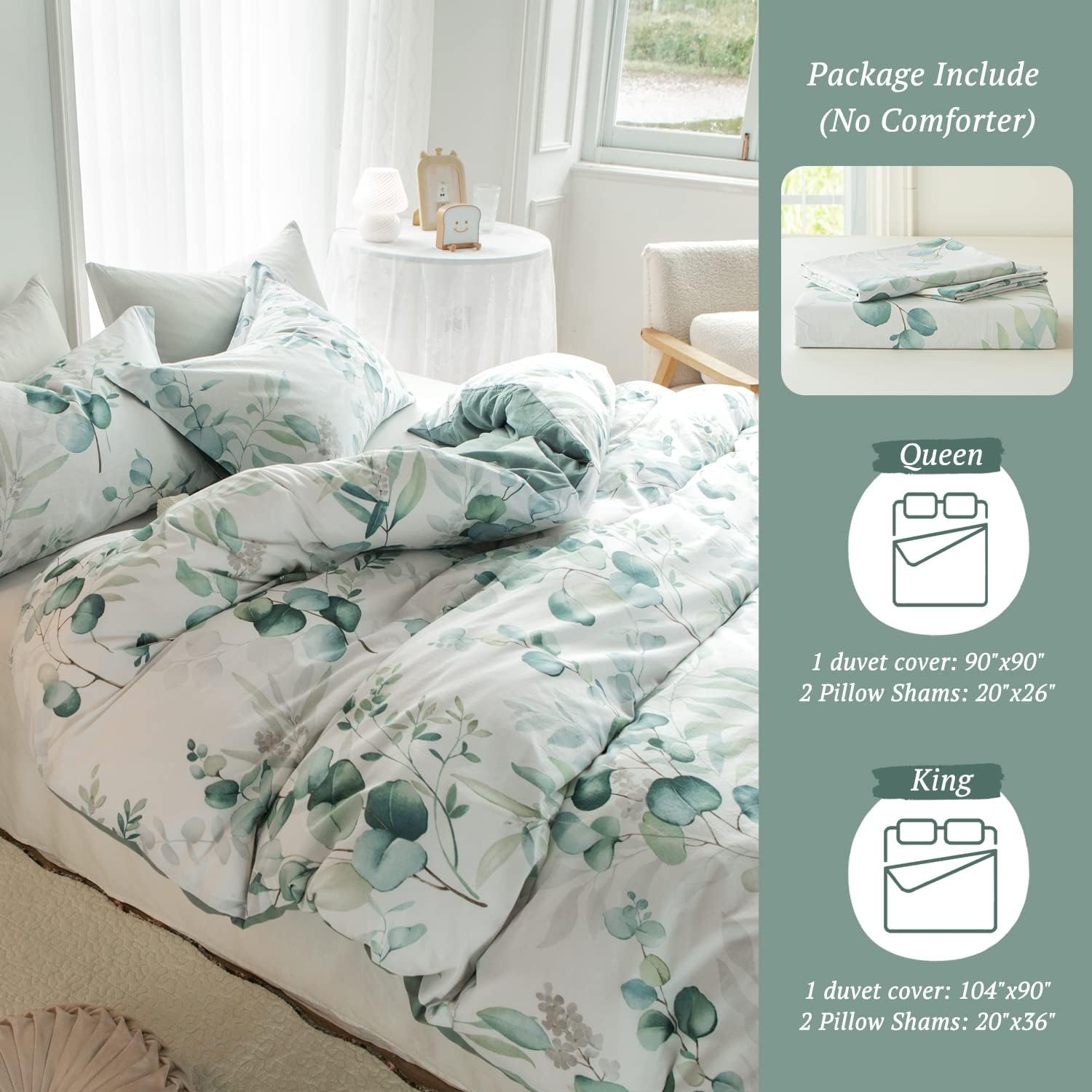 MILDLY Duvet Cover Leaf Pattern- 100% Washed Cotton Eucalyptus Printed Sage Green Comforter Cover Linen Feel Bedding Set with Zipper Closure 4 Ties Queen Size - Image 7