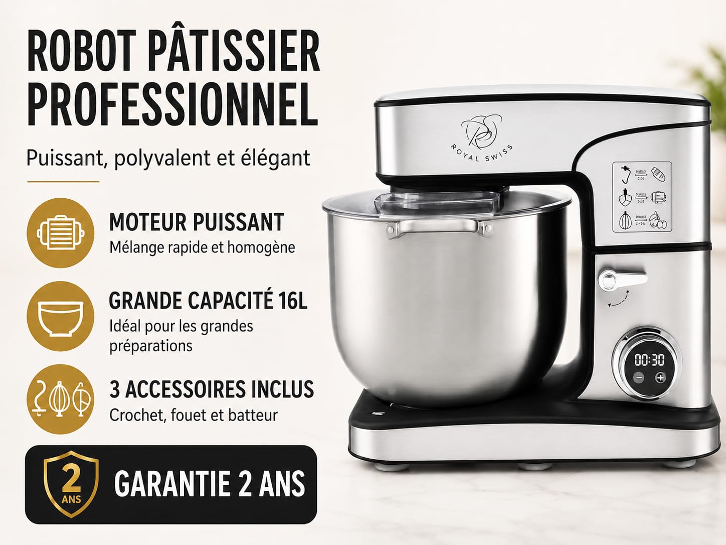 Royal Swiss ® Robot Pâtissier Professionnel 16L XXXXL 2800W, grande capacite - 12 Vitesses + Timer, Bol Inox, Ultra Puissant Pain, Pizza & Pâtisserie, patissier, Usage Intensi, Bol Inox Pâtissier