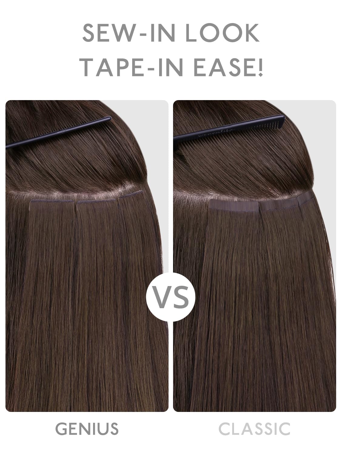 WENNALIFE Genius Seamless Tape in Hair Extensions Real Human Hair, 22 inch 50g 20pcs Balayage Dark Brown Mixed Chestnut Brown Tape in Hair Extensions Remy Human Hair Luxury Invisible Straight Hair