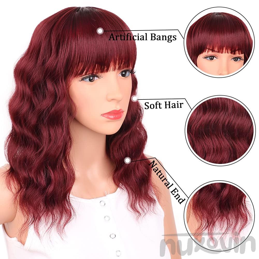 Wine Red Wigs Human Hair for Women Short Wavy Curly Bob with Bangs Glueless Heat Resistant Capless for Natural Look Lightweight Breathable (14 Inch,Wine Red)