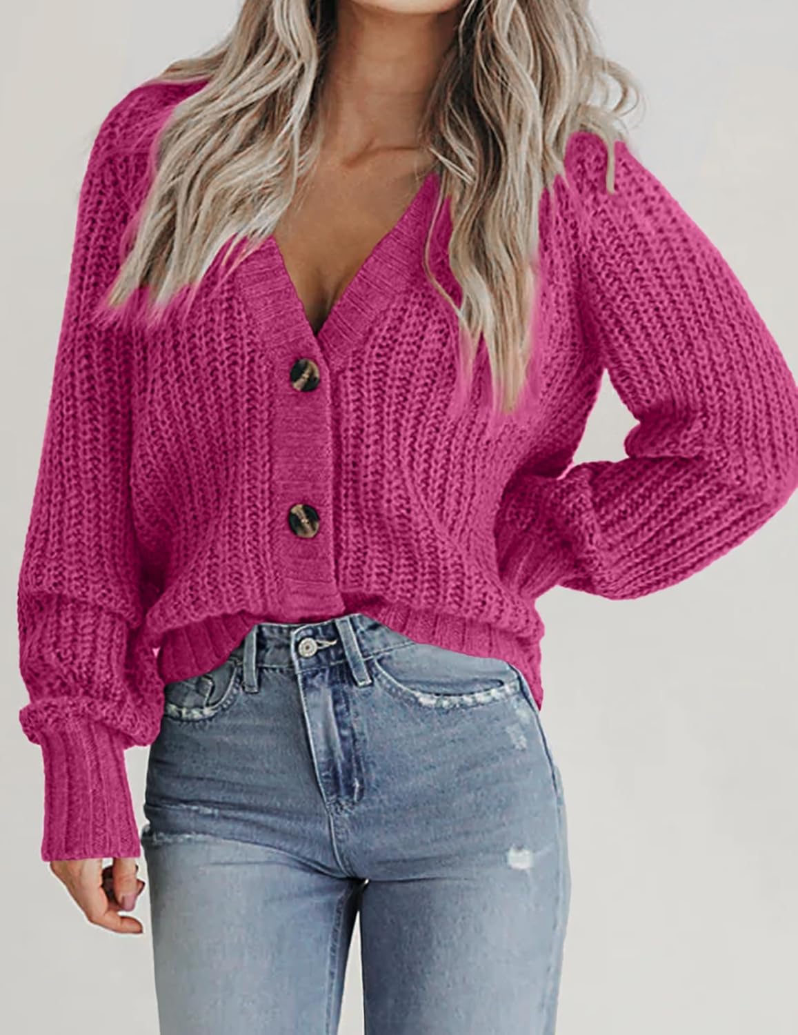 Zeagoo Women's 2026 Fall Chunky Knit Cardigans Open Front Long Sleeve V Neck Button Loose Cardigan Sweaters - Image 2