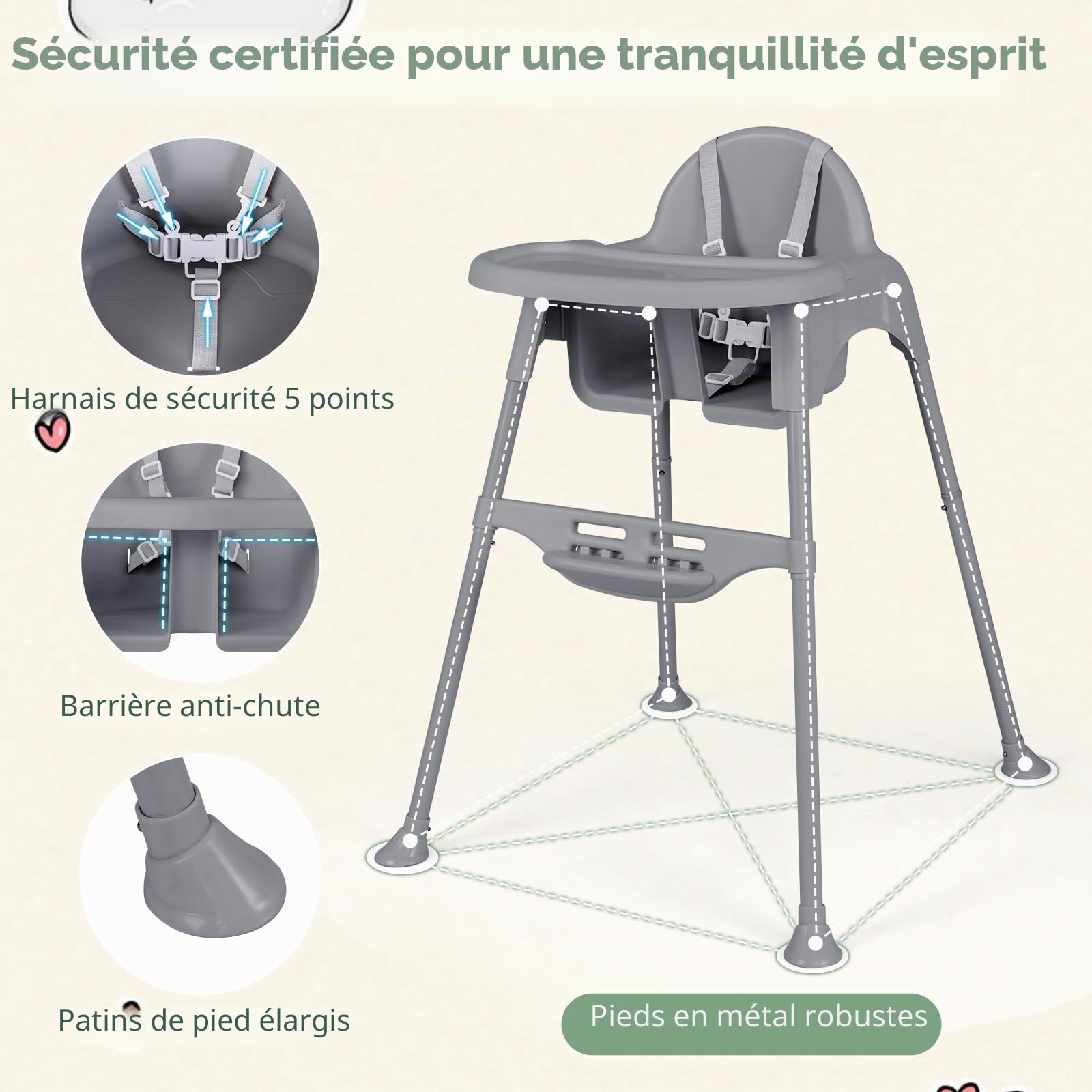 LIFEZEAL 4 en 1 Chaise Haute Bébé évolutive, Hauteur Réglable 4 Positions, Chaise Haute Bebe avec Repose-pieds, Plateau Réglable Amovible, Ceinture de Sécurité, 6-36 mois (Gris)