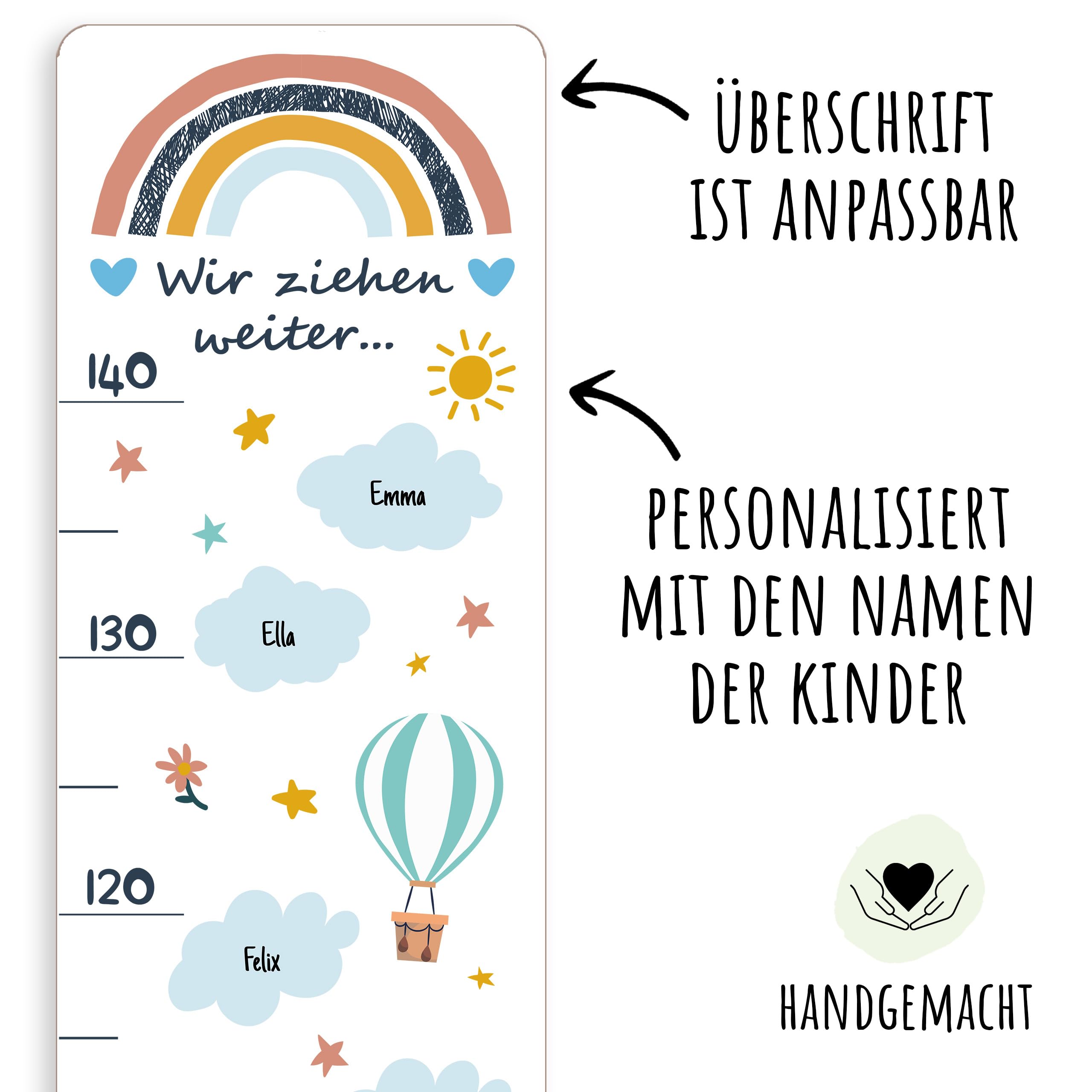 Holzura Messlatte aus Holz Personalisierbar mit Kindernamen, Wolken Design, Abschiedsgeschenk für Erzieher