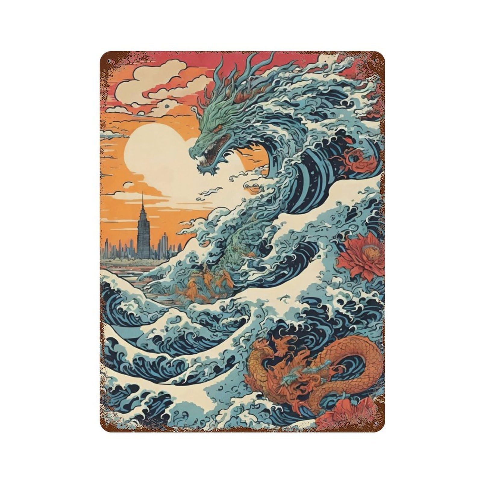 Garage Style Dragon Wave Japan Vintage Rust Metal Sign 15.7"x11.8", Rustic Home Decor for Bar And Workshop