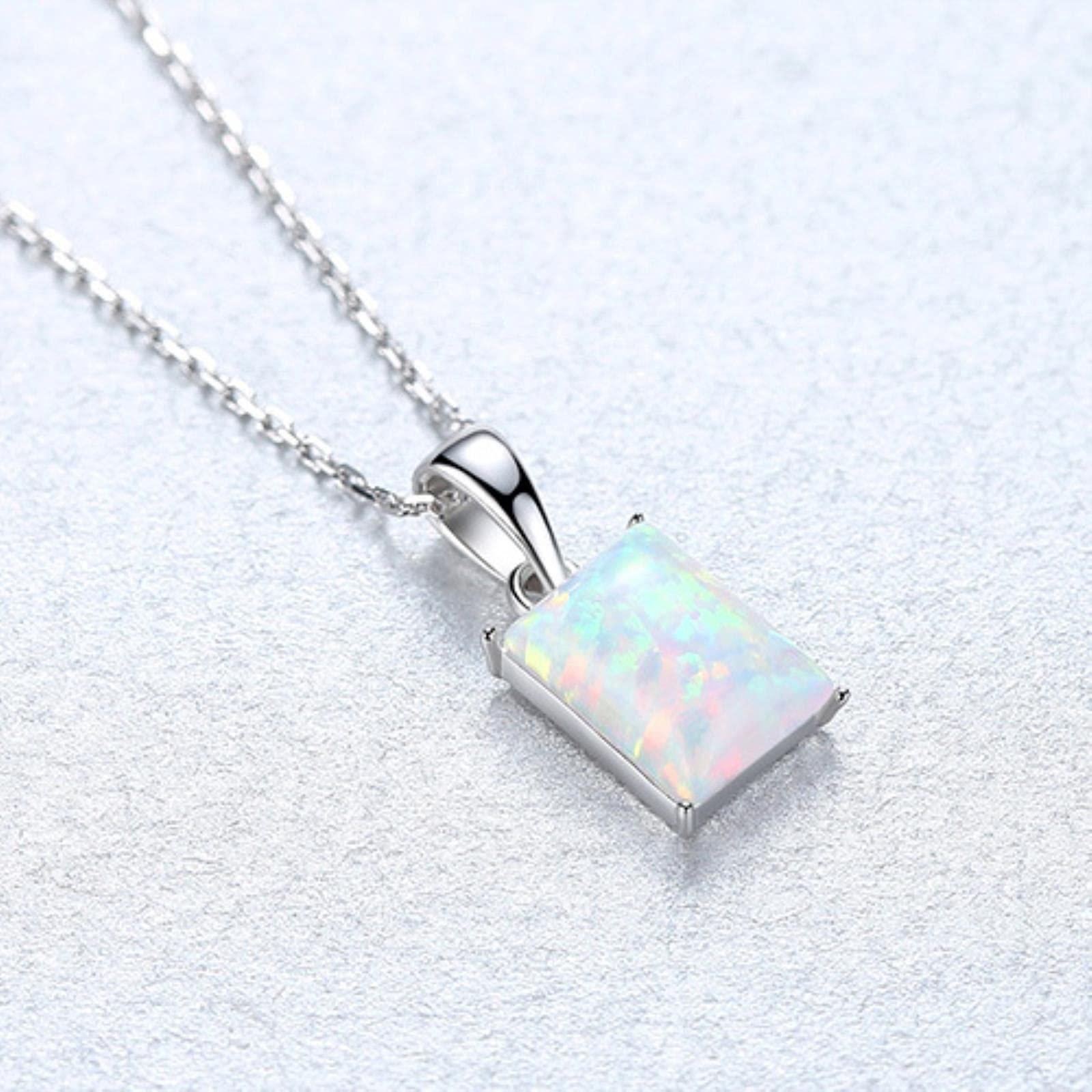 Lokiloki Women's Clear 925 Sterling Silver Necklaces For Square Fire Opal Pendant Necklace Box Chain 40+5Cm Fine Jewelry Gifts