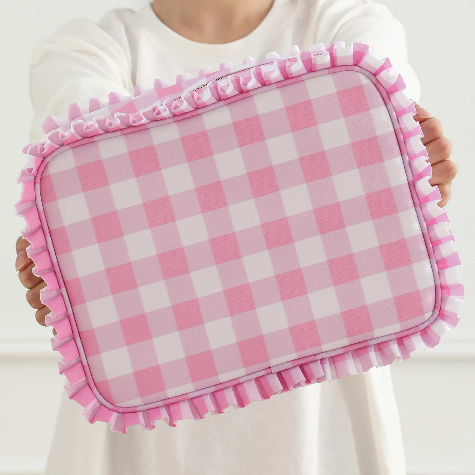 Make-up-Tasche mit Rüschen, Gingham-Muster, Rosa | Reißverschluss, großes Fassungsvermögen, Reise-Organizer für Kosmetik-Accessoires, Pinsel, Hautpflege, für Damen und Mädchen