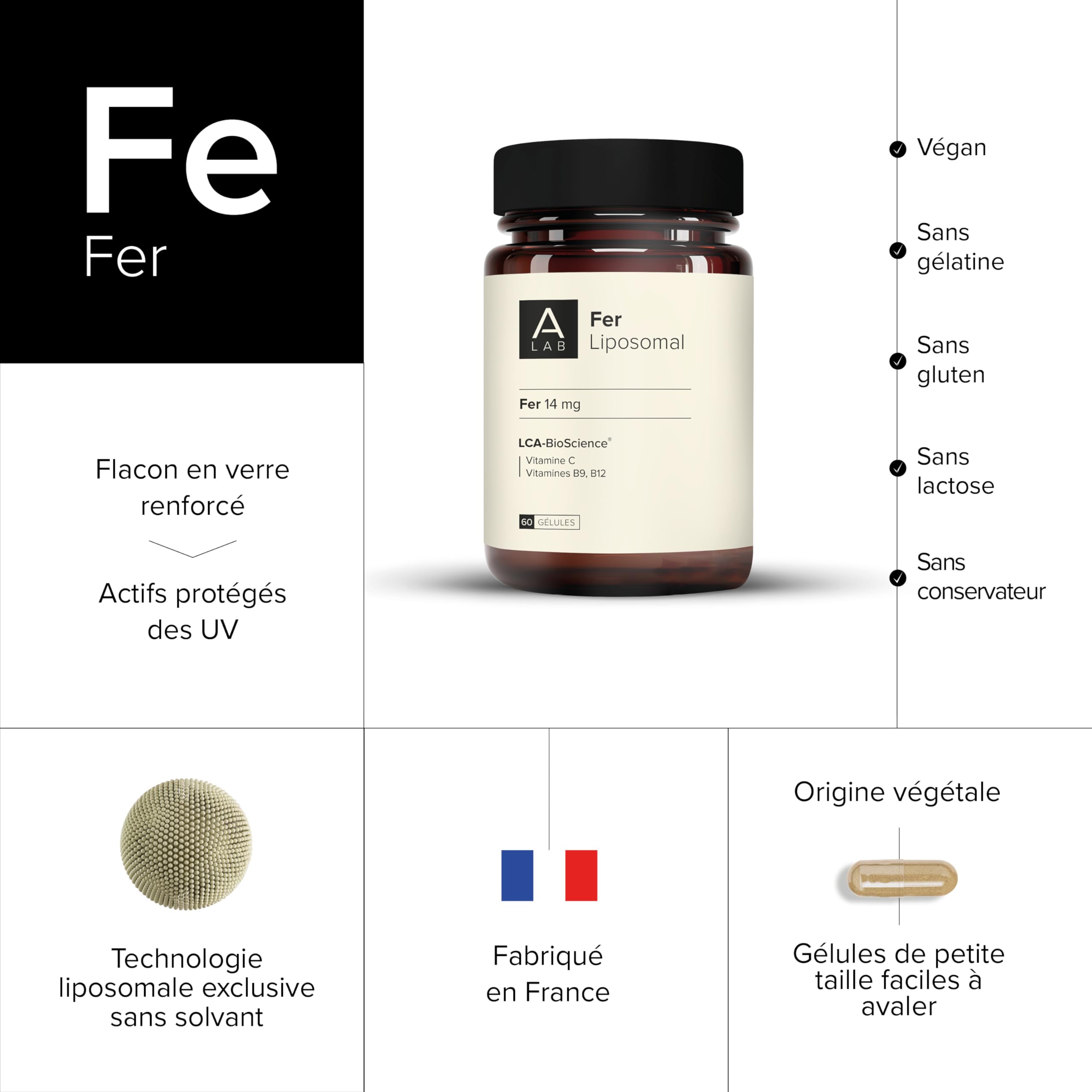 A-LAB Fer Liposomal 14 mg -Assimilation Renforcée - Complément Alimentaire Anti-Fatigue, Immunité, Carence, Energie - 60 jours de prise, Fabriqué en France