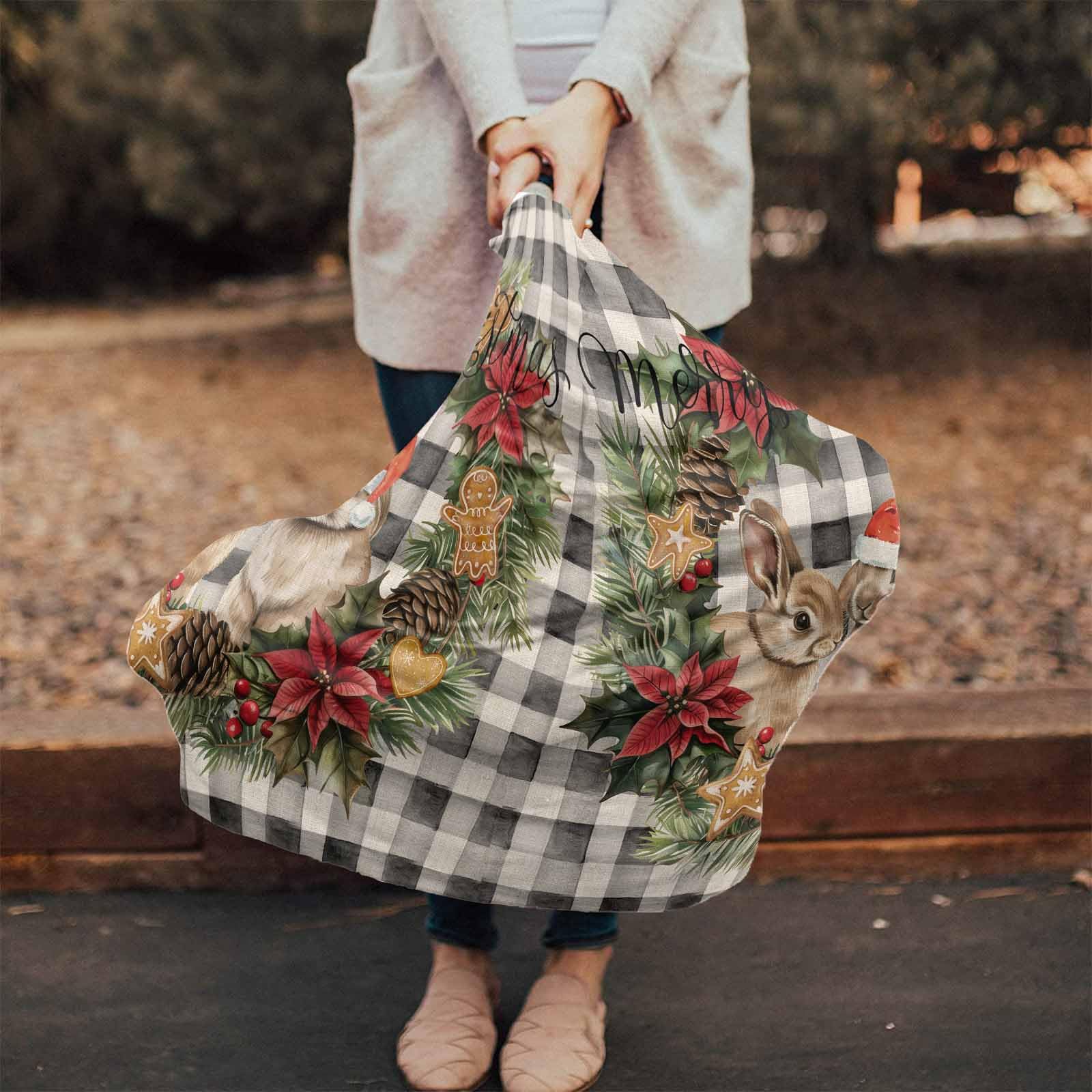 Nursing Cover for Breastfeeding Scarf, Santa Hat Rabbits Xmas Wreath Gray Checkered Baby Car Covers Super Soft Multi Use for Canopy Shopping Cart Cover Blanket Stroller Cover