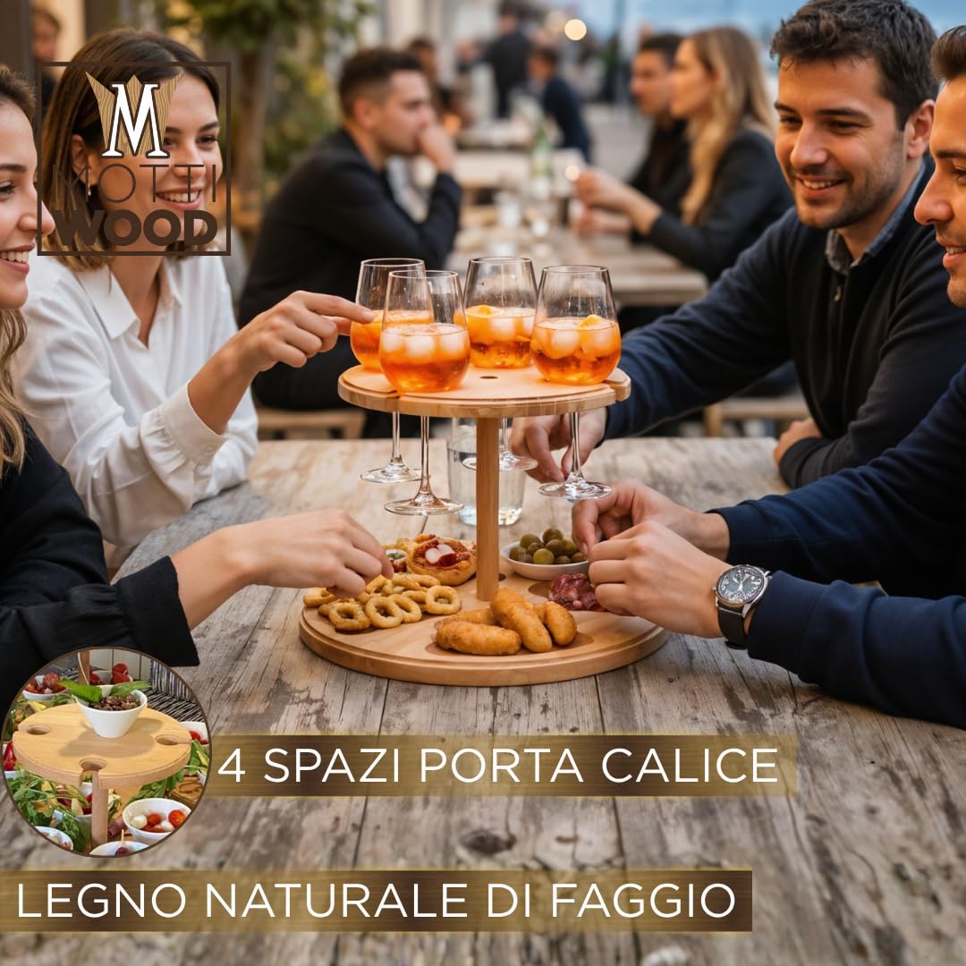 Mottiwood Alzatina 4 Bicchieri, Vassoio Aperitivo, 2 Ripiani, 4 Spazi Porta Bicchieri, 100% Legno Faggio, Idea Unica, Dimensioni: 32,5x23hcm