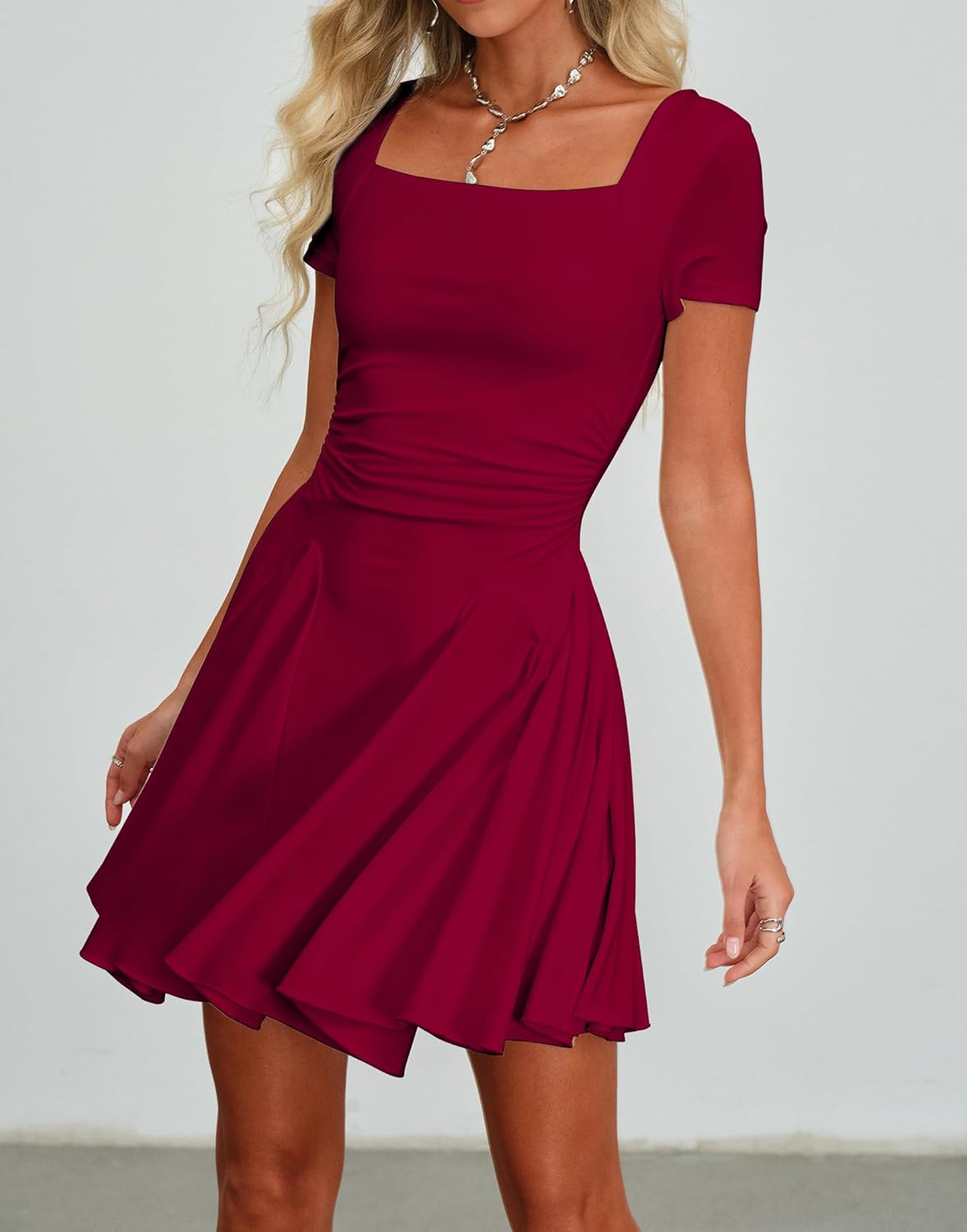 HYPERFIRE Women's Square Neck Flowy Dress Short Sleeve Ruched A Line Mini Short Dresses Party Going Out - Image 4