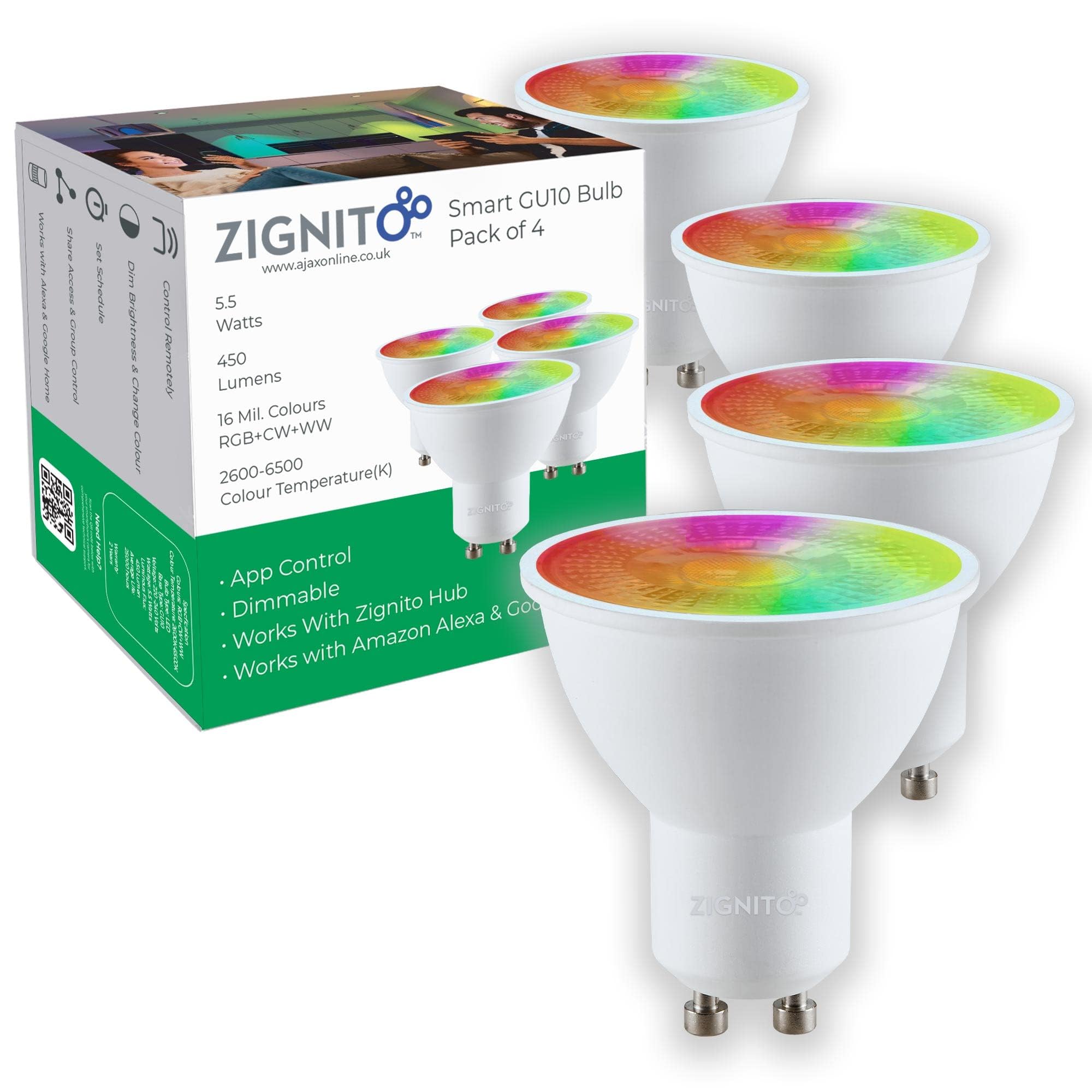 ZIGNITO ZIGNITO GU10 Smart Bulb, White & Colour LED, Works with, Alexa, Hey Google, S'Things (Hub Required) Zigbee GU10, Smart Spotlight, Up to 16 Million hue of Colours and Whites. (Pack of 4)