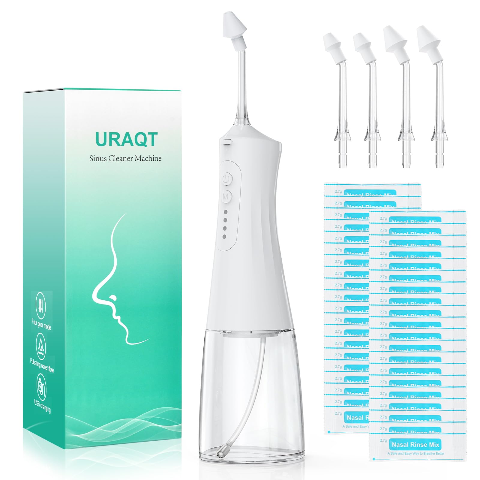 URAQT Lavado Nasal Adulto, 300ml Irrigador Nasal Electrico con 4 Modos, Neti Pot con 40x Sal Nasal y 4 Boquillas, Limpiador Nasal Niños Adulto para Alivio Sinusitis, Congestión Nasal y Limpieza Nasal