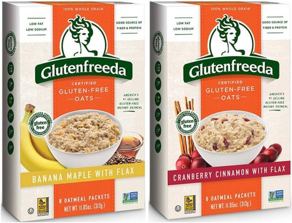 Glutenfreeda Gluten Free Instant Oatmeal 2 Flavor Variety Bundle: (1) Glutenfreeda Banana Maple With Flax, and (1) Glutenfreeda Cranberry Cinnamon With Flax, 8 Ct. Ea. (2 Boxes)