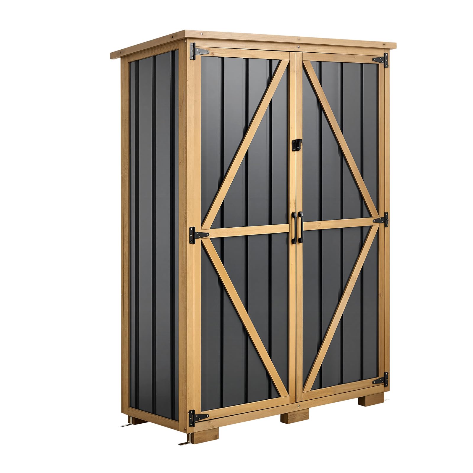 VEVOR Gartenschrank Holz, Geräteschrank mit Abschließbaren Türen, Gerätehaus mit Regalen & Boden, Geräteschuppen, Gartengerätehaus, Werkzeugschrank für Terrasse, Garten, Rasen, 112x46x160 cm