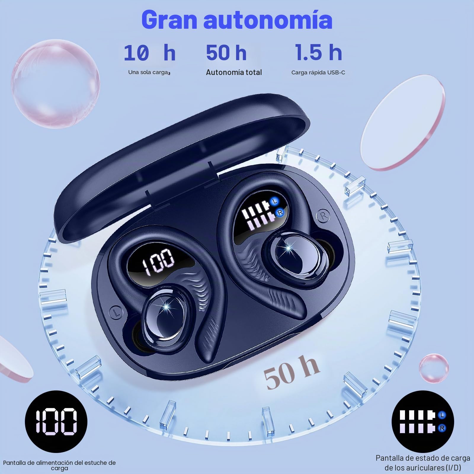 Auriculares Inalámbricos Bluetooth Deportivos, 60H Auriculares Bluetooth 5.4 con HiFi Estéreo, 4 ENC Mics, 2026 Cascos Inalambricos con Cancelación RuidoI/IP7 Impermeable/Azul Auriculares para Correr