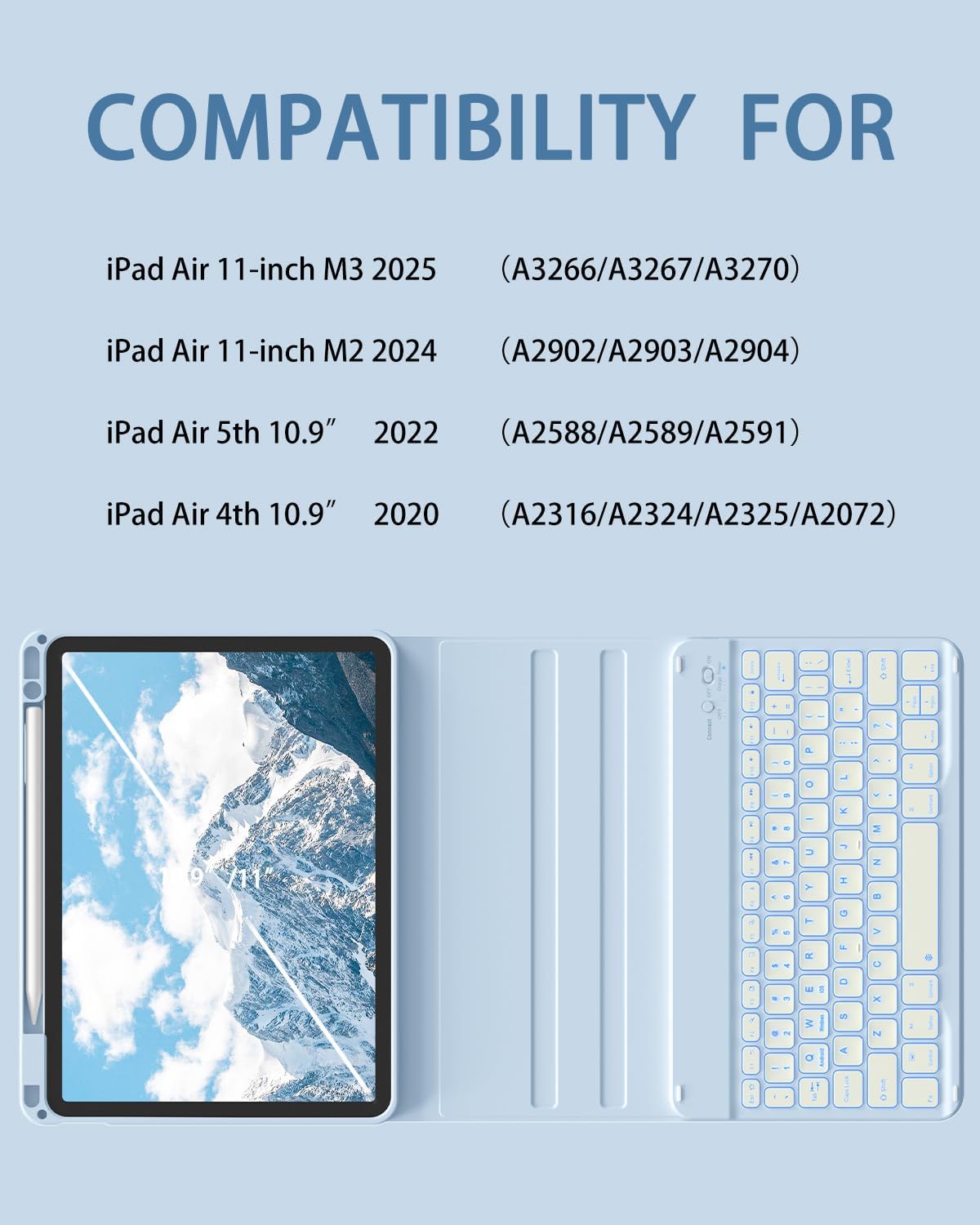 Case with Keyboard for iPad Air 11 inch M3/M2 2025/2024, iPad Air 5th/4th Generation 10.9 inch, 7 Colors Backlit Detachable Bluetooth Keyboard, Stand Folio Cover with Pencil Holder, Light Blue