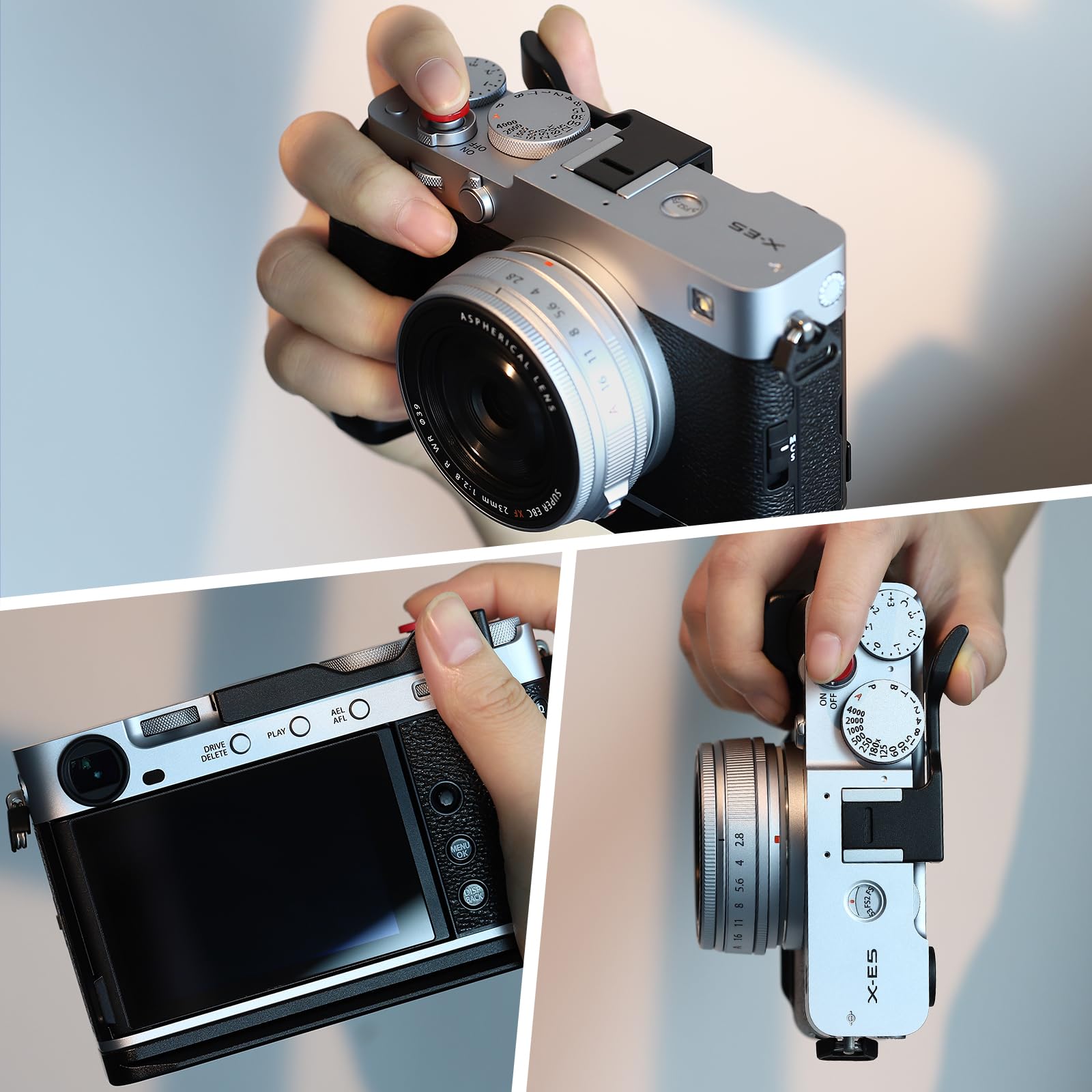 Haoge Uchwyt kciuka do Fujifilm XE5 korpus aparatu akcesoria cyfrowe metalowa gorąca stopka kciuk w górę podpórka uchwyt czarny THB-XE5-B