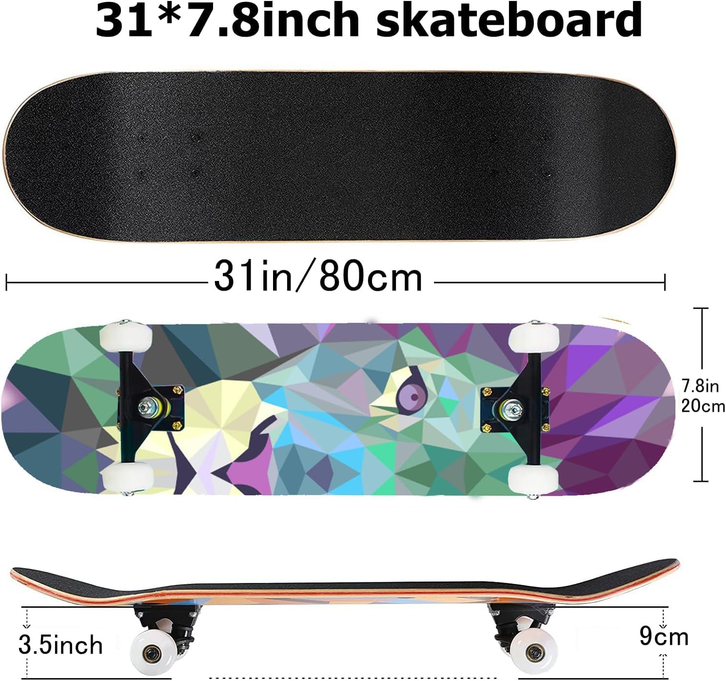 Skateboards for Beginners Kids Boys Girls and Adults 31"x8" Pro Complete Skateboard 8 Layers Maple Wood, Double Kick Concave, Fascinating Cool, Solid&Durable