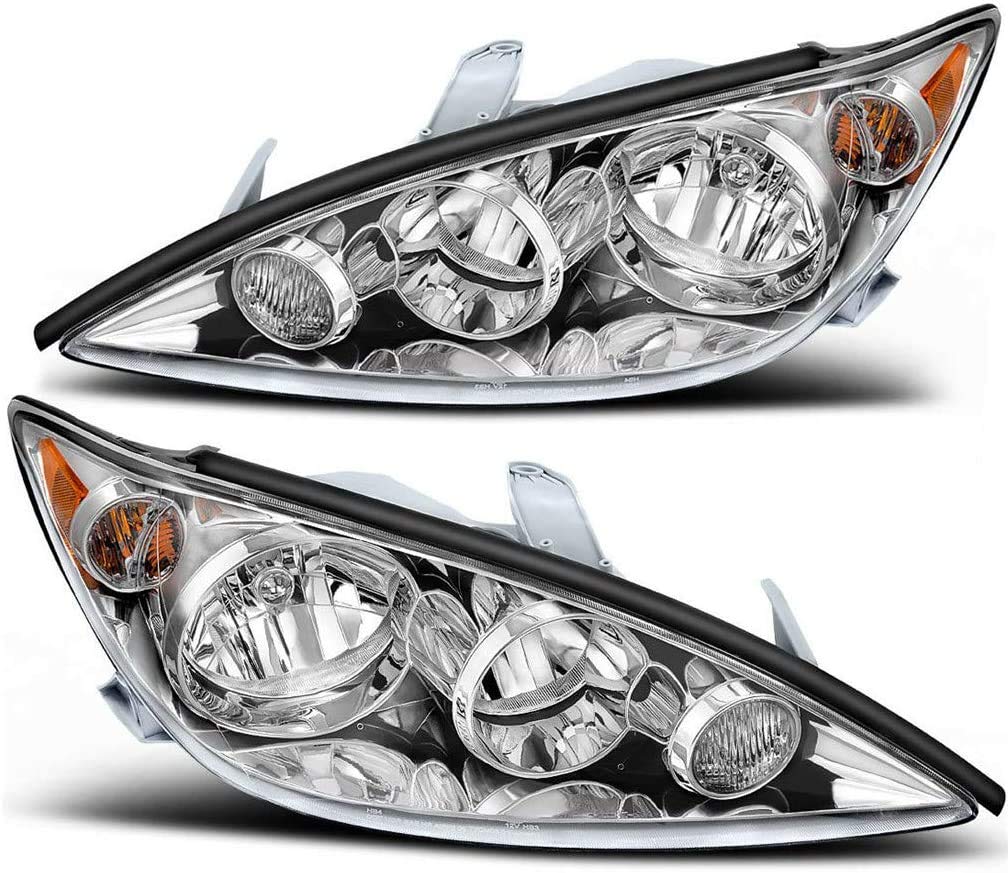 ALS Headlight Assembly Compatible with 2005 2006 Toyota Camry LE SE XLE Chrome Housing Amber Reflector Driver and Passenger Side