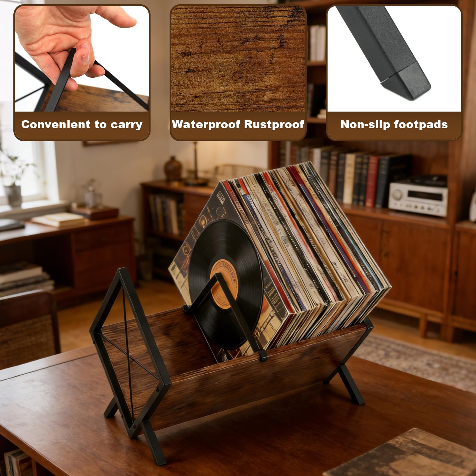 BigKing Estantería Vinilos y Exposición, Soporte para Discos de Vinilo con Divisor Ajustable, Fácil de Montar, Metal y Madera, Organizador Vinilos para LP Vinilo CD, Álbumes