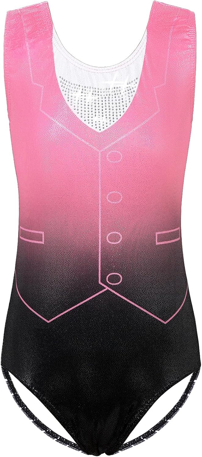 TFJH E Gymnastics Leotards for Girls Ballet Bodysuits Tuxedo Print 3-12Y | 4 way Stretch Rhinestone Dancewear, Perfect for gymnastics meets, dance recitals, cheer competitions, birthday performances.