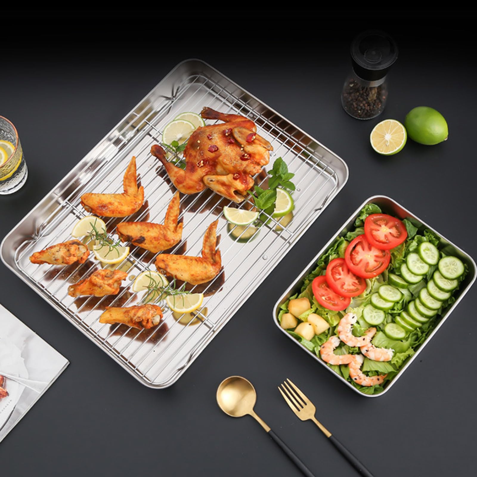 Sartén de acero inoxidable de gran capacidad con estante de alambre para hornear uniformemente, bandeja de parrilla duradera y resistente al óxido