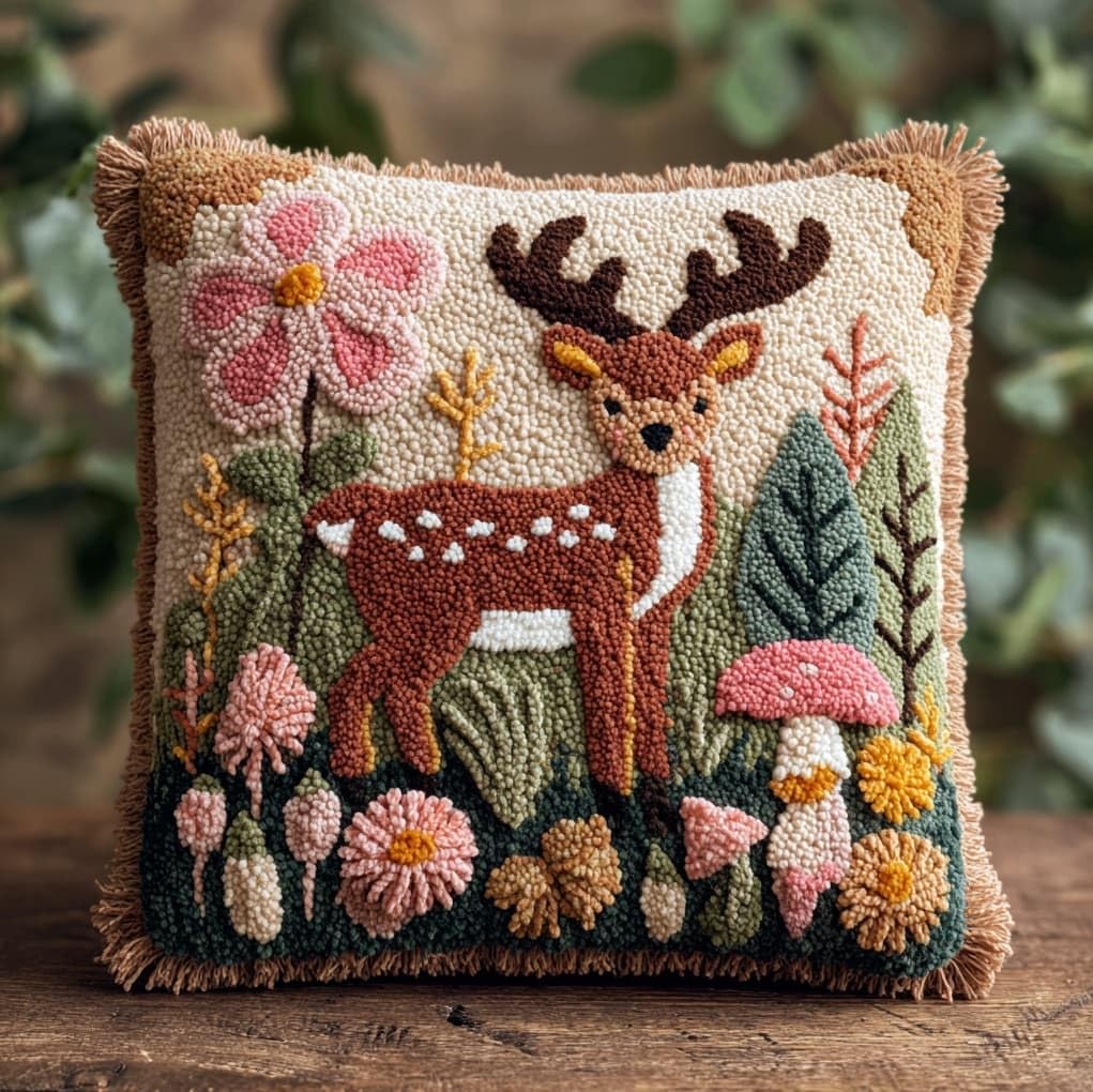 WallustrioaW Latch Hook Kits Pillow for Adults,Deer in the Forest,Latch Hook Kit Cushion,Embroidery DIY Needlework Pillow Cover,17x17in