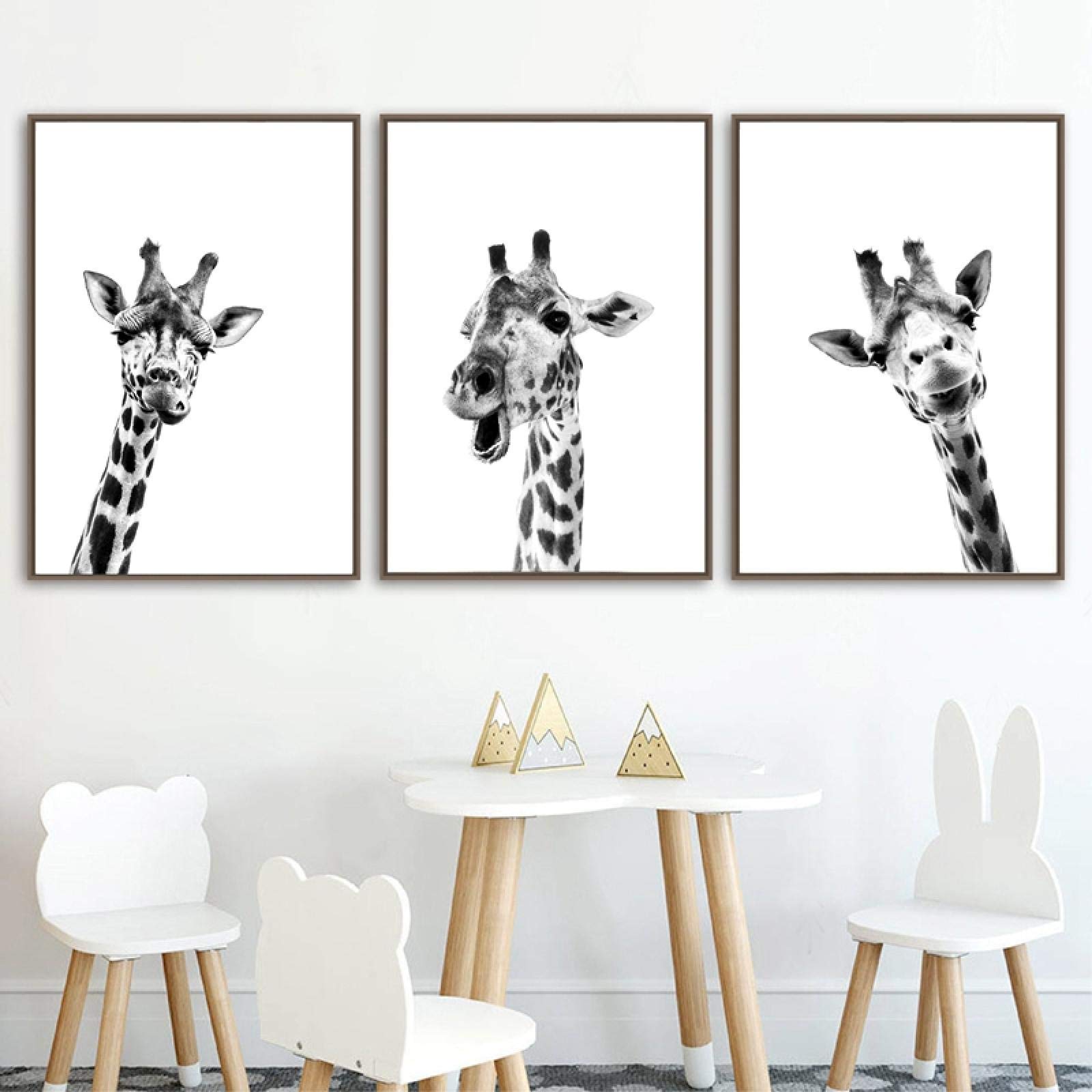 Jirafa Safari Animales Negro Blanco Lienzo Póster Arte de la Pared Pintura Guardería Bebé Jirafa Fotografía Impresión Niños Habitación Decoración 60x80cmx3pcs Sin Marco
