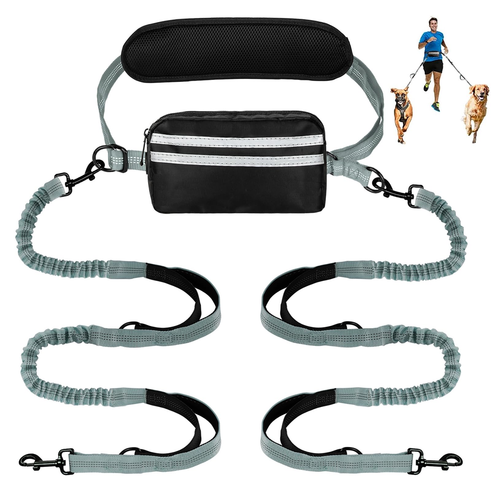 Yicostar Hands Free Dog Leash with Pouch, Double Leash for Two Dogs, Retractable Bungee with Double Padded Handles, Dog Waist for Dog Walking, Running