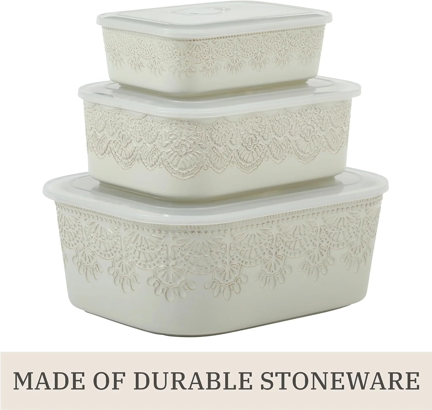 Vintage Lace 3-Piece Nesting Casserole Baking Dish Set with Lids, Rectangular Stoneware, Linen, Oven Safe