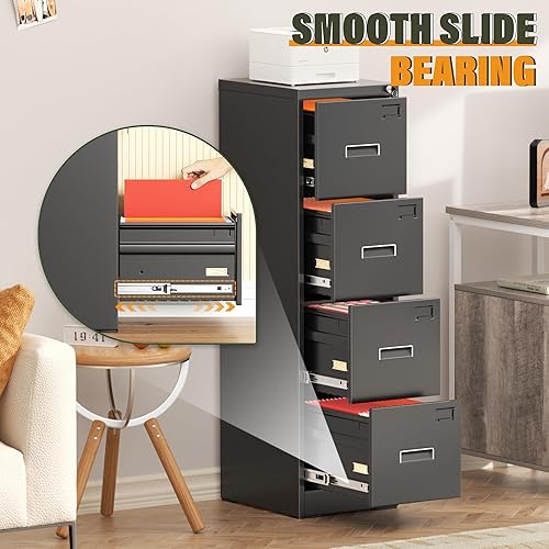 Miniatura 5 de Greenvelly Archivador negro con 4 cajones, archivador vertical de 18 pulgadas de profundidad con cerradura, archivador de bloqueo para oficina en