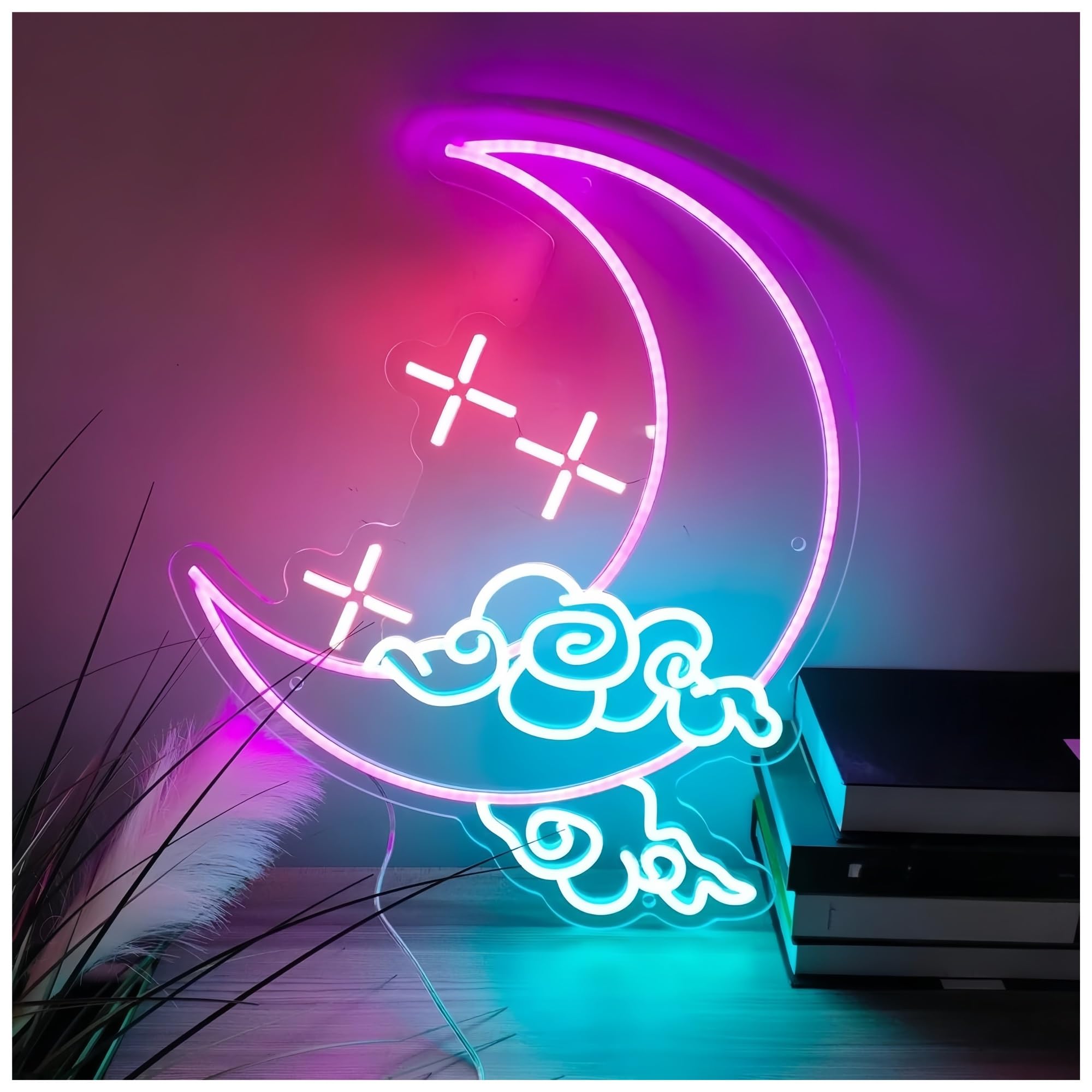 SHOUXI Sign Lamp Moon Cloud Star Neon Sign Art Wall Decor Bedroom Home 38cm(A)