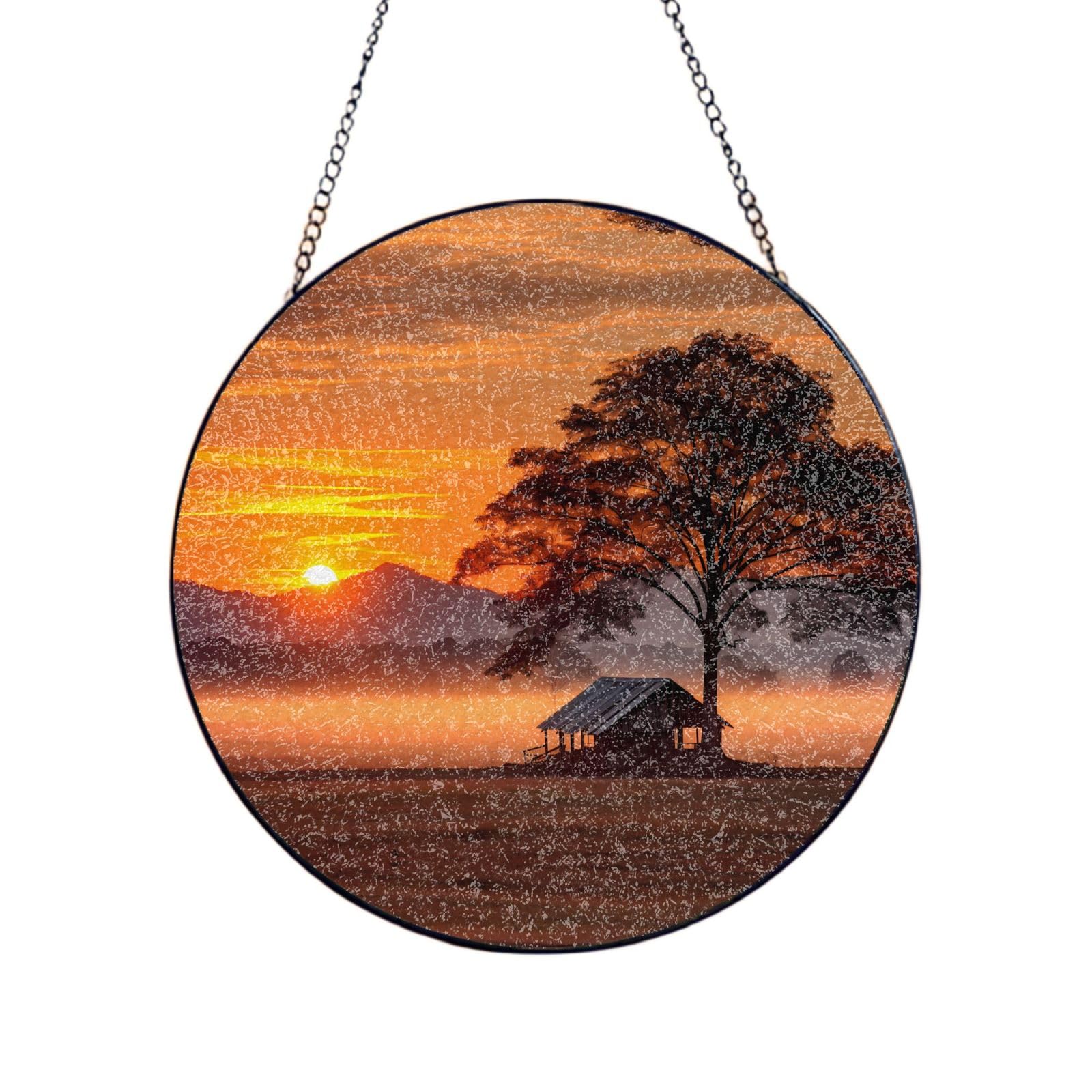 Poezjzw Stained Glass Window Hanging - Countryside At Dusk Sun Catcher For Door Garden Home Decor Christmas Mother'S Day Birthday Gifts 10in（25cm）