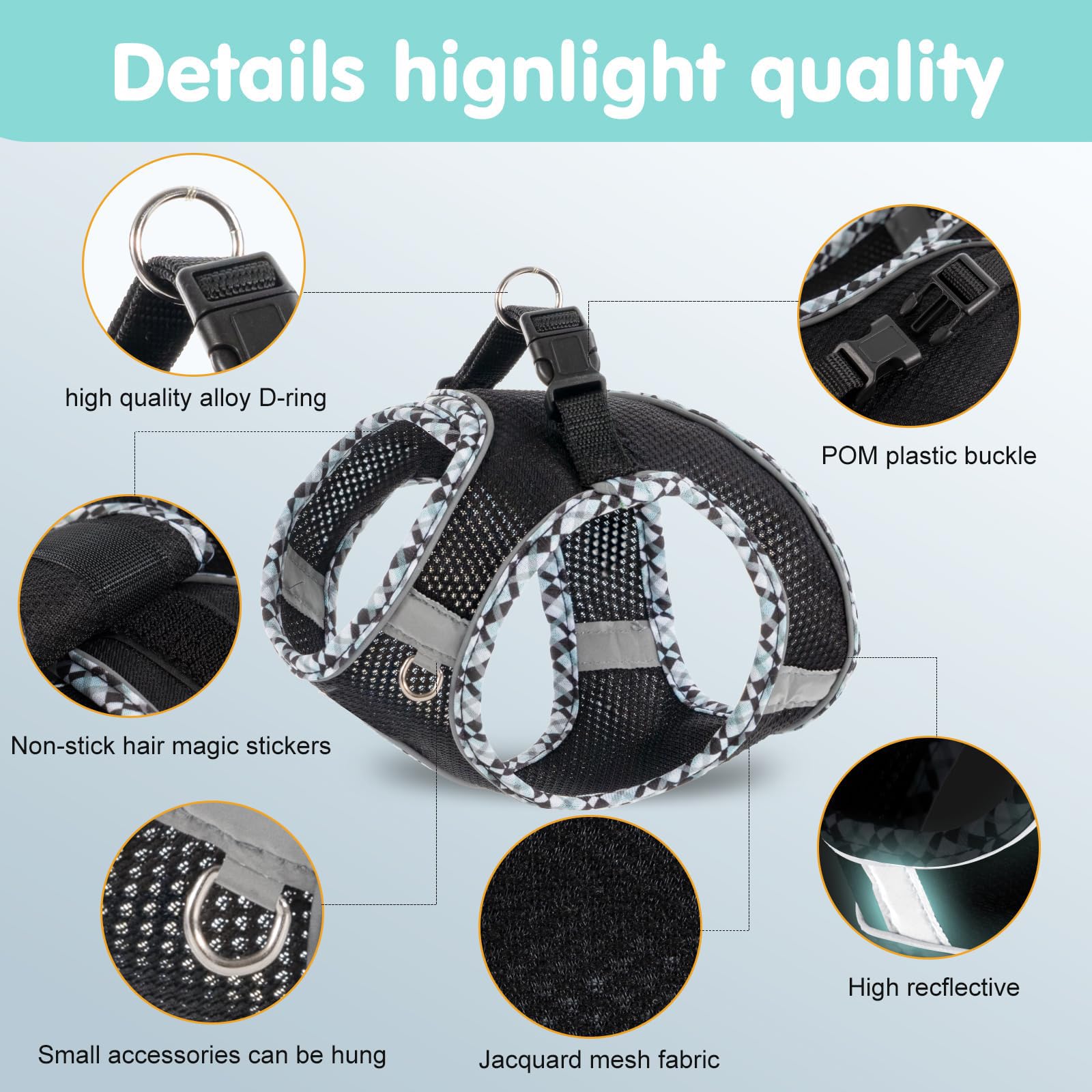 Dog Harness and Leash Set,Step-in Air Dog Vest, Reflective, No Pull Collarsfor Small, Medium Dogs, Cats - Secure with Hook & Loop Fastener, Buckle, Double D-Ring - Image 3