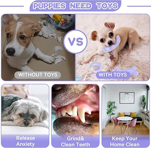 Miniatura 6 de Petcare Paquete de 6 juguetes de dentición para cachorros, lindos juguetes morados morados para cachorros de 0 a 6 meses, cuerda de goma suave,