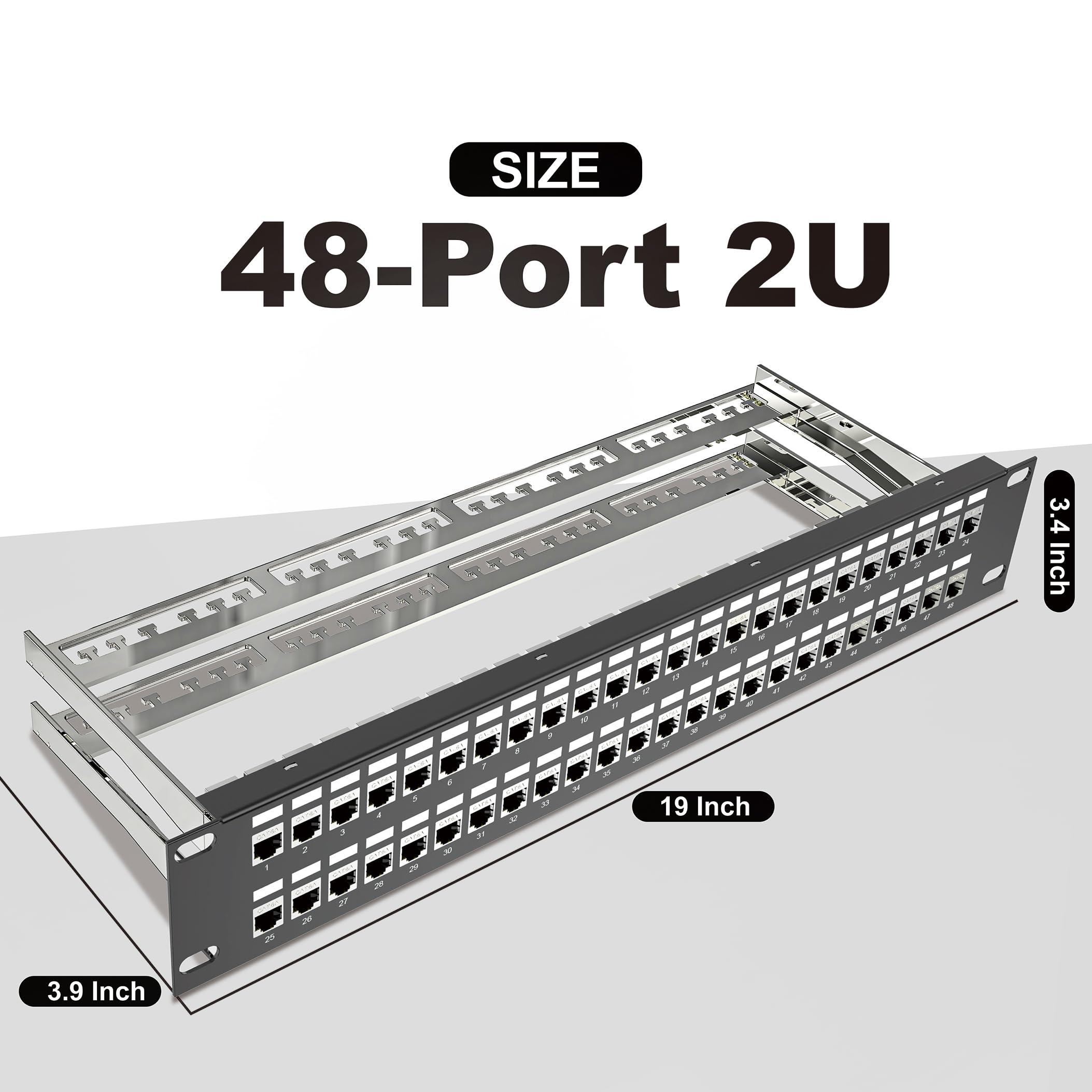 Jadaol Panneau de brassage blindé à 48 ports ou montage mural de 48,3 cm, panneau réseau 2U Cat6A préchargé avec 48 coupleurs Keystone plus 2 de rechange, panneau Ethernet 10 Gbit/s avec gestion des