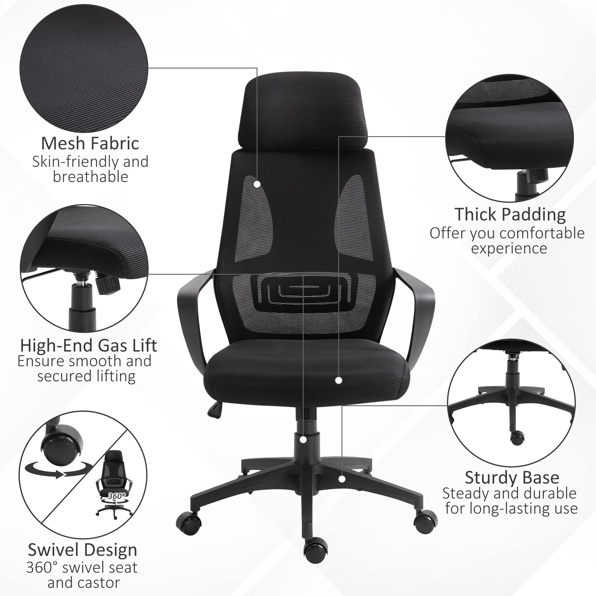 Vinsetto Silla ergonómica respaldo alto con lumbar y reposacabezas negro | Silla de ordenador, silla de malla, ruedas, altura ajustable
