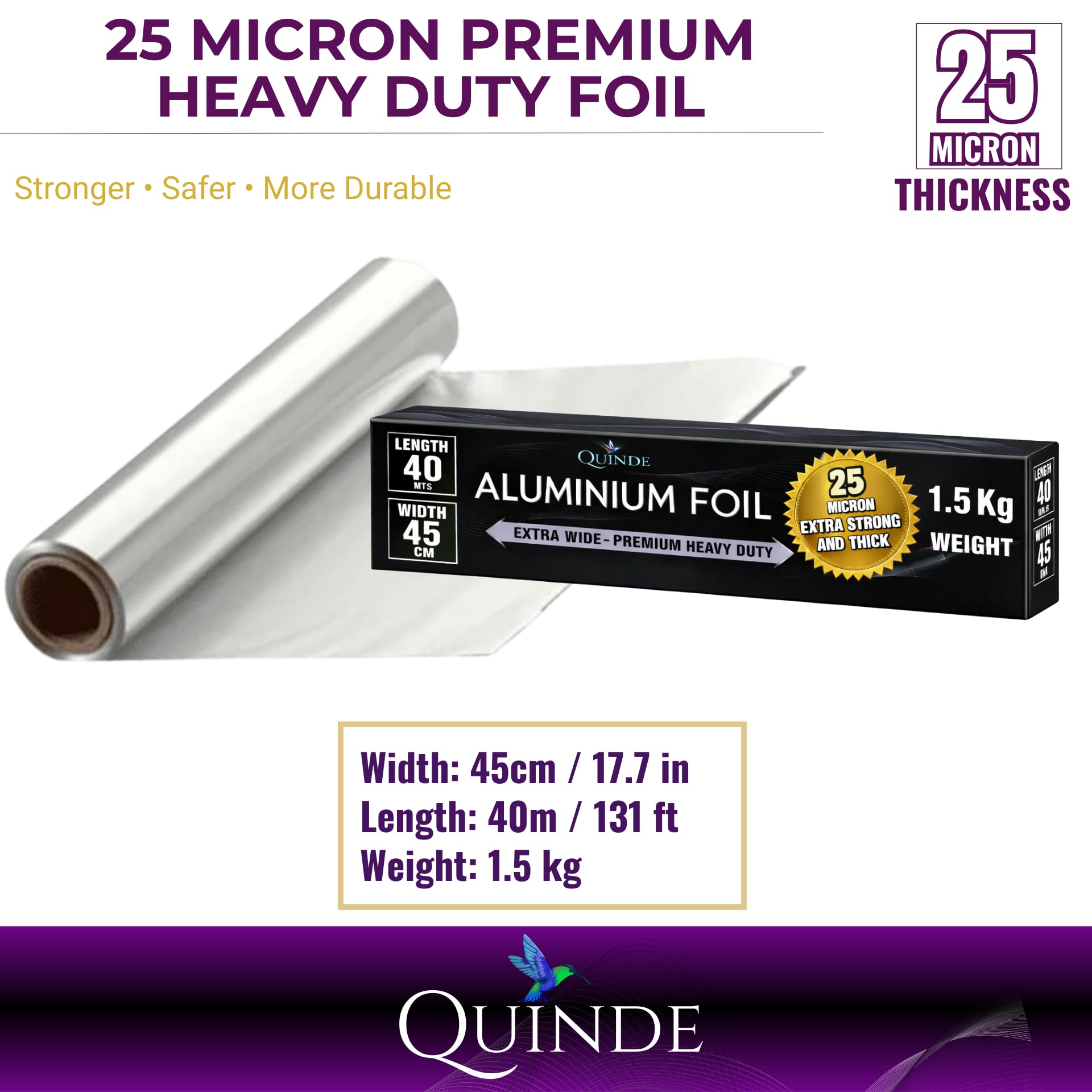 Rotolo di alluminio extra largo da 25 micron, resistente, 40 m x 45 cm, pellicola da cucina professionale per arrosti, cottura e preparazione di alimenti, rotolo di carta stagnola resistente Quinde®