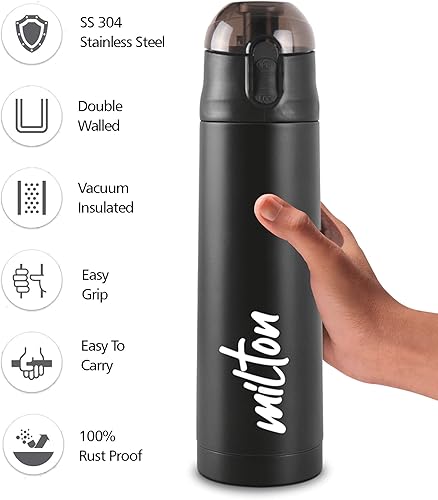 Miniatura 3 de Milton New Crown 600 Thermosteel - Botella de agua fría y caliente las 24 horas, 16.9 fl oz, color negro, fácil de transportar, botella de oficina,
