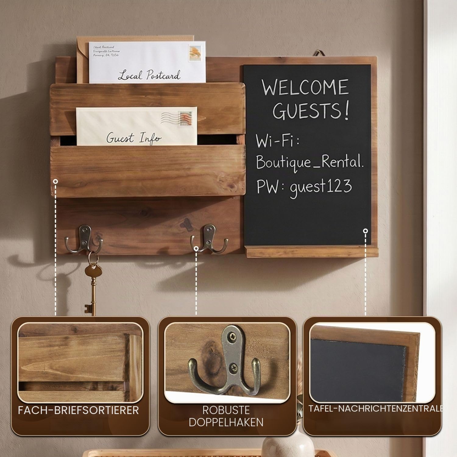 Flexzion Rustikale Holz-Wand-Organizer für den Eingangsbereich, wandmontierter Mudroom-Aufbewahrungs-Organizer mit Kreidetafel/Memoboard & Schlüsselhaken/f Möbel-Accessoire für Haustür und